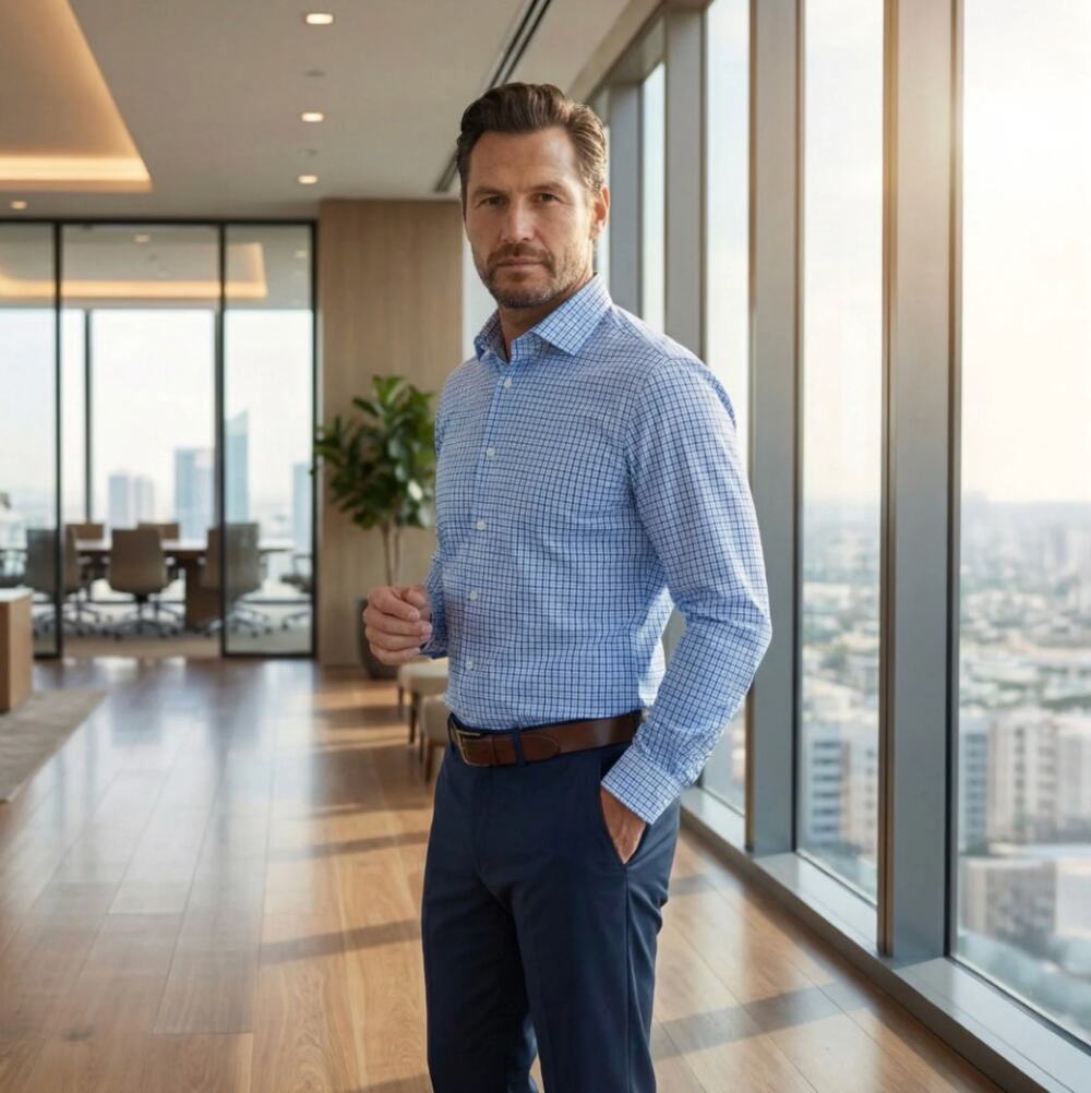 Collars & Co Apex Performance Dress Shirt Semi Spread Blue Tattersall 2XL NWT